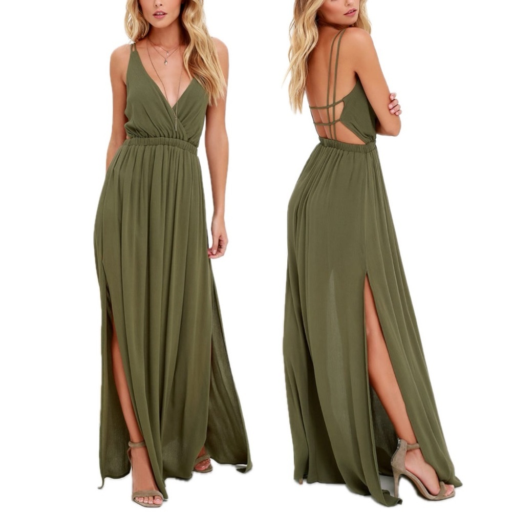 Lulus Lost in Paradise Olive Green Open Back Side Slit Maxi Dress Size Medium